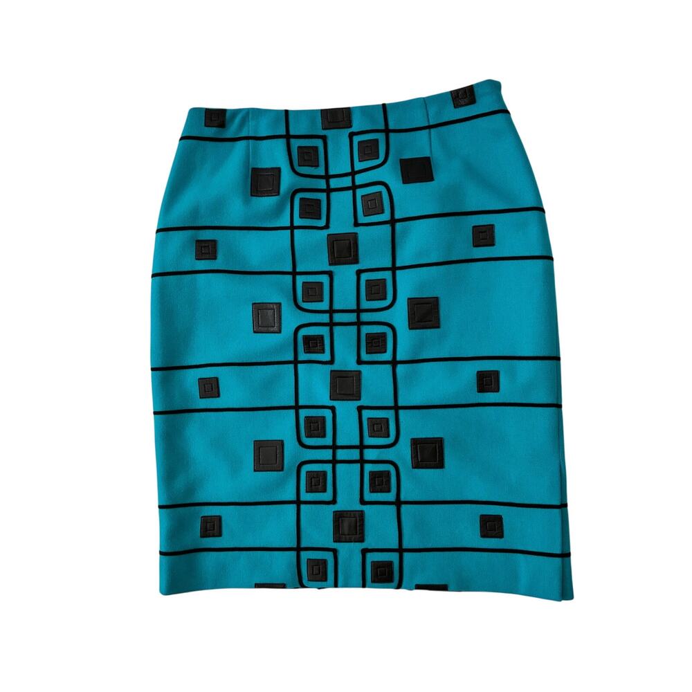 Carlisle Skirt Pencil Wool Blend Turquoise Black Geometric Raised Pattern Size 8